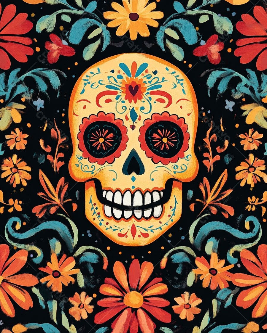 Caveira mexicana decorada com flores vibrantes para Dia de los Muertos amarela laranja e azul