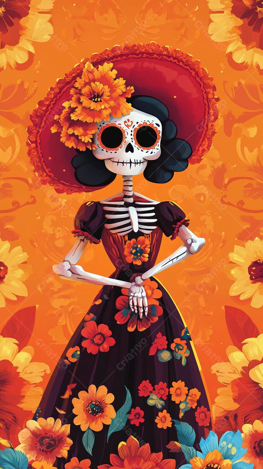 Catrina esqueleto feminino elegante chapéu vermelho flores vibrantes Dia dos Mortos