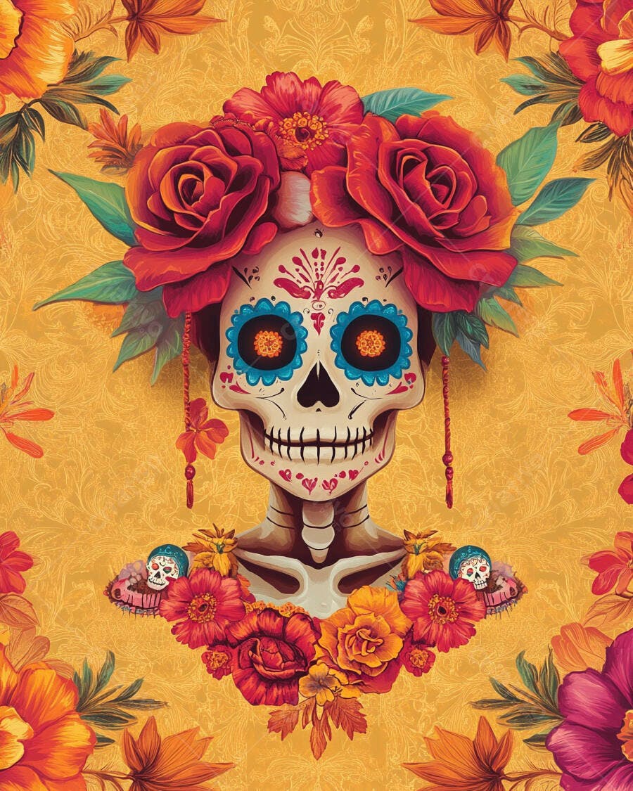 Calavera Catrina decorada com rosas vermelhas para Dia dos Mortos