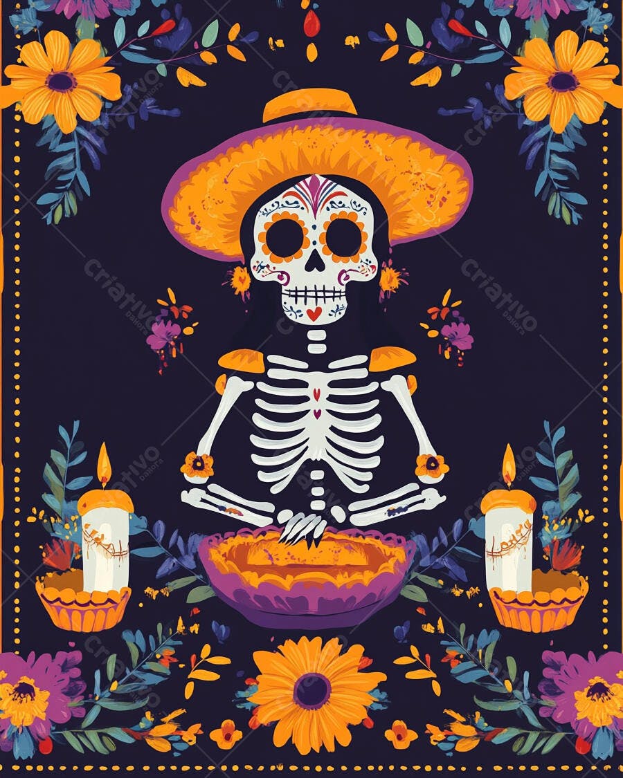 Esqueleto calavera decorado com chapéu e flores para Dia dos Mortos