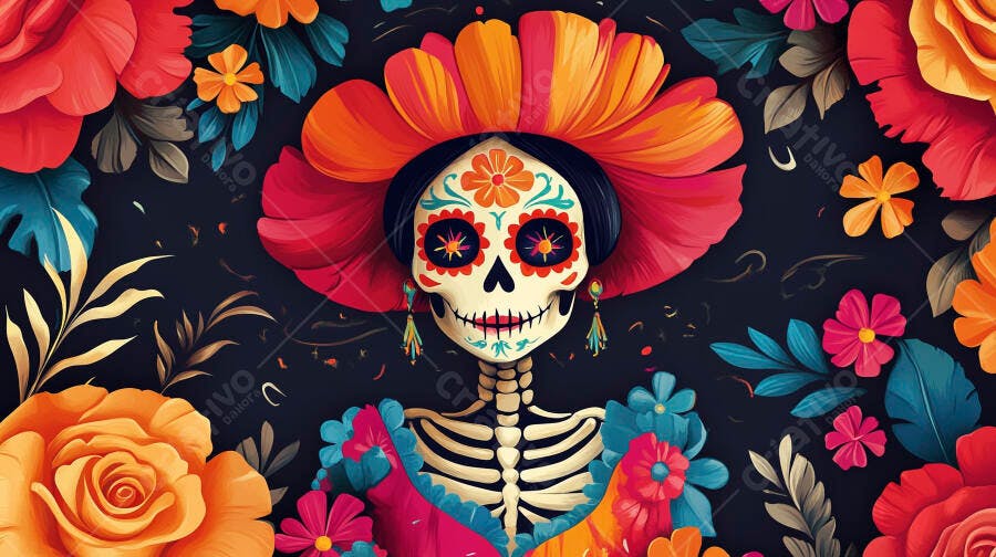 Mulher esqueleto Catrina com flores vibrantes Dia dos Mortos