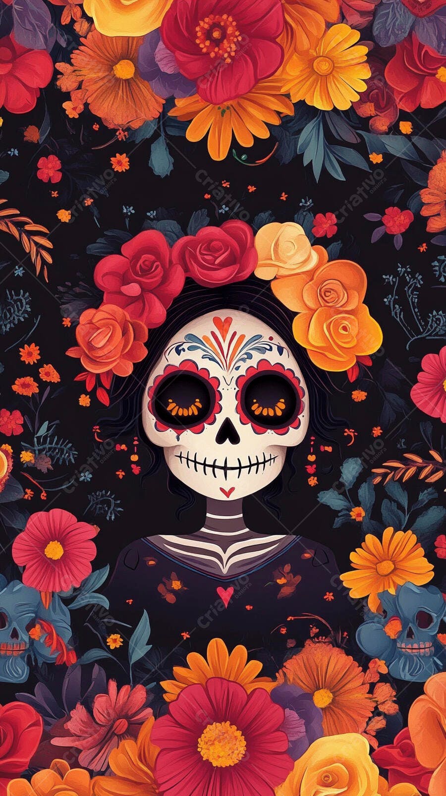 Calavera Catrina ilustrada com flores coloridas para Dia dos Mortos