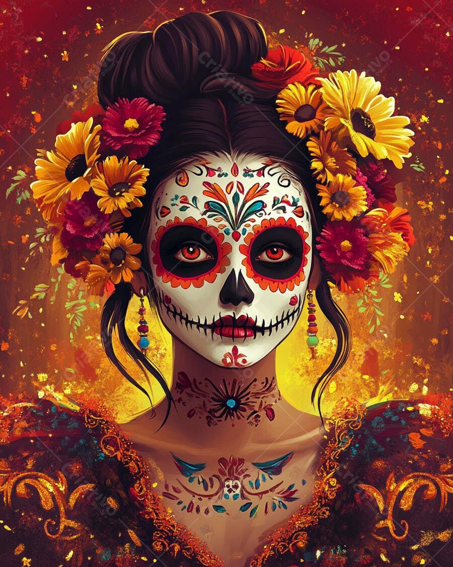Mulher Catrina com maquiagem de caveira mexicana e flores vibrantes Dia dos Mortos