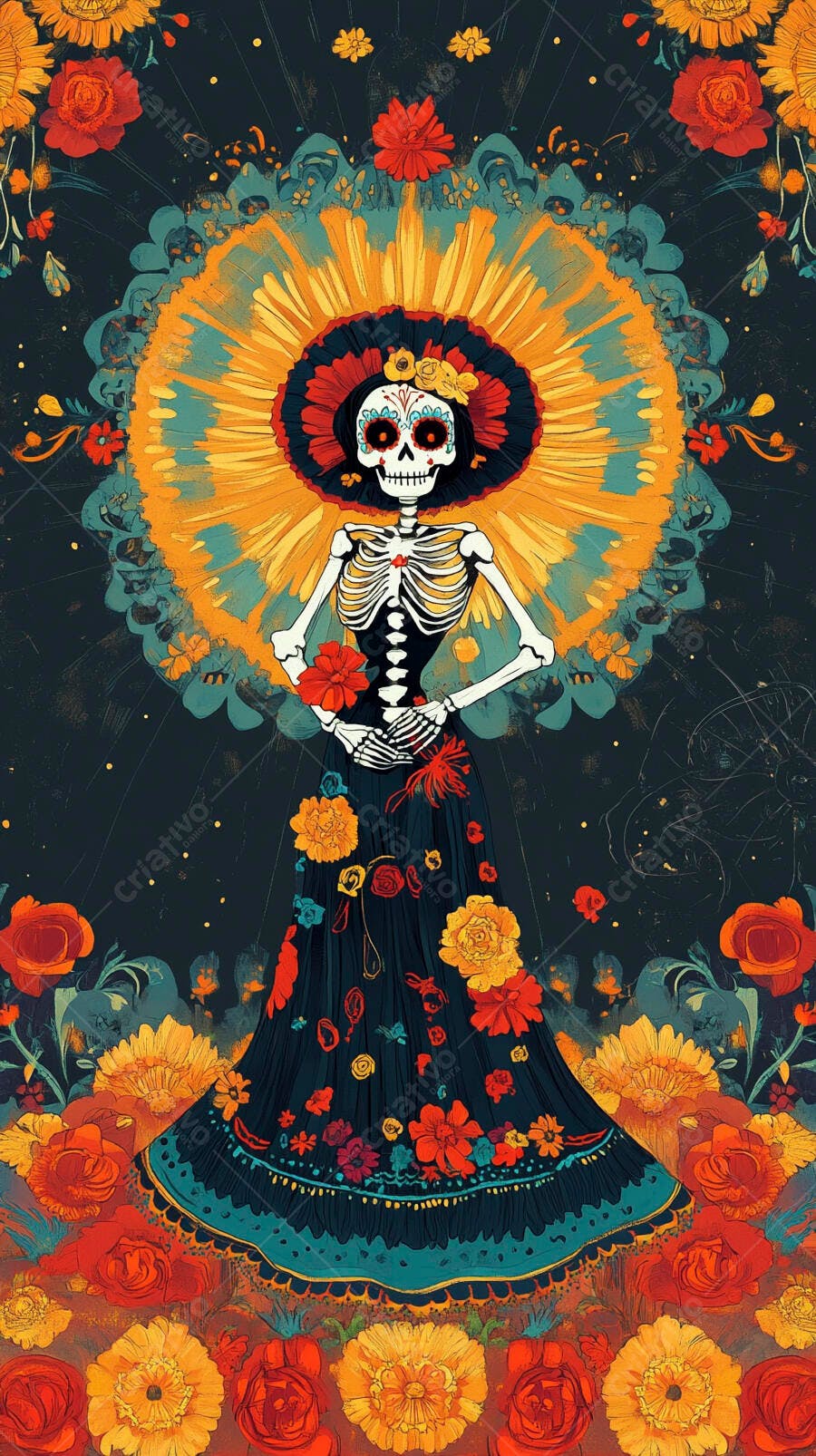 Catrina esqueleto festiva com flores coloridas Día de Muertos