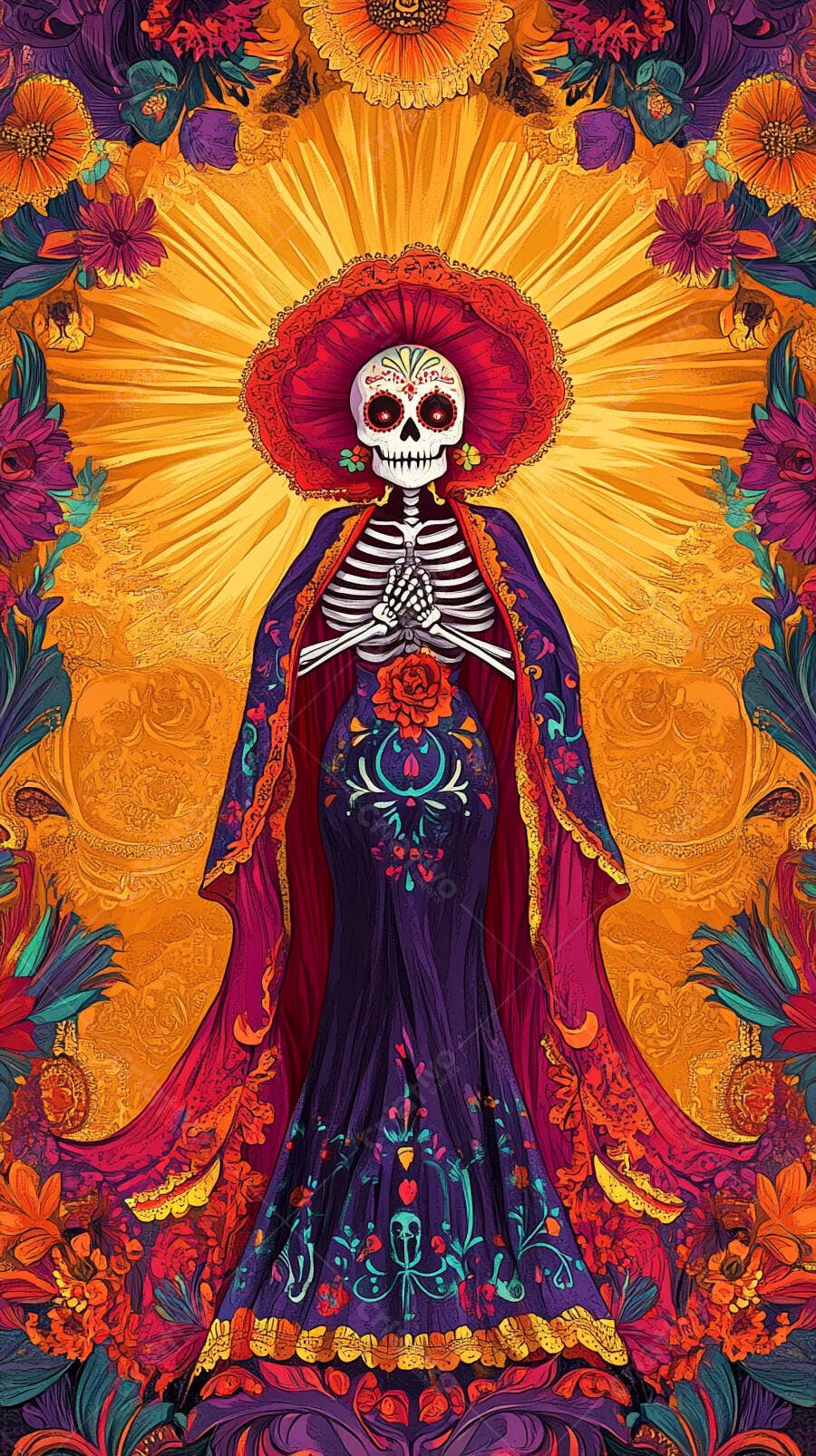Calavera Catrina ornamentada celebra Dia dos Mortos com cores vibrantes