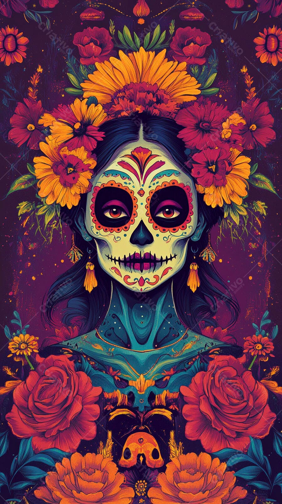 Calavera Catrina mulher maquiagem de caveira mexicana e coroa de flores vibrantes