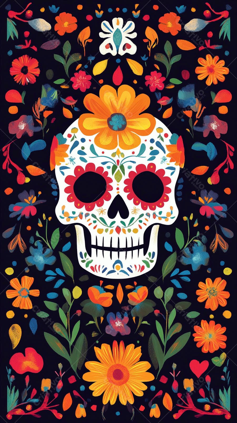 Calavera mexicana colorida com flores vibrantes e folhagens escuras