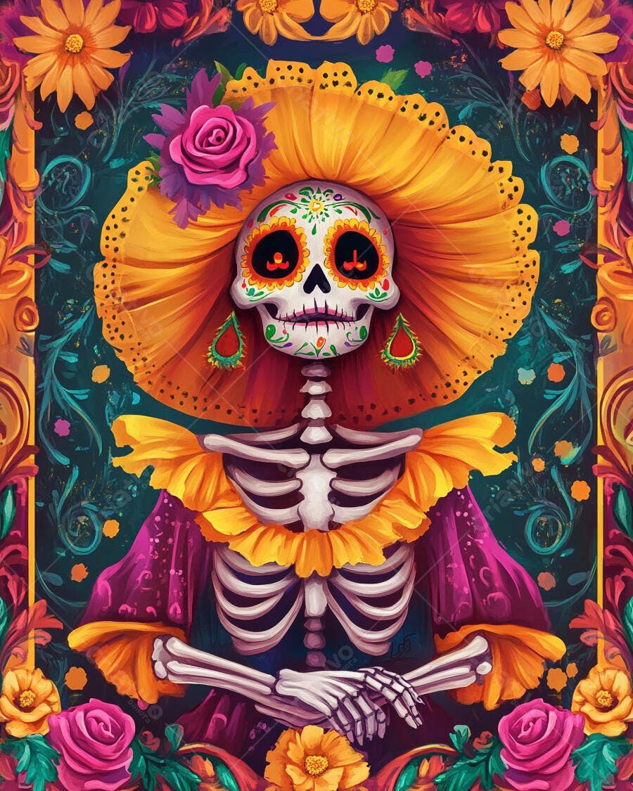 Calavera Catrina esqueleto decorado com sombrero amarelo e rosa roxa para Dia dos Mortos