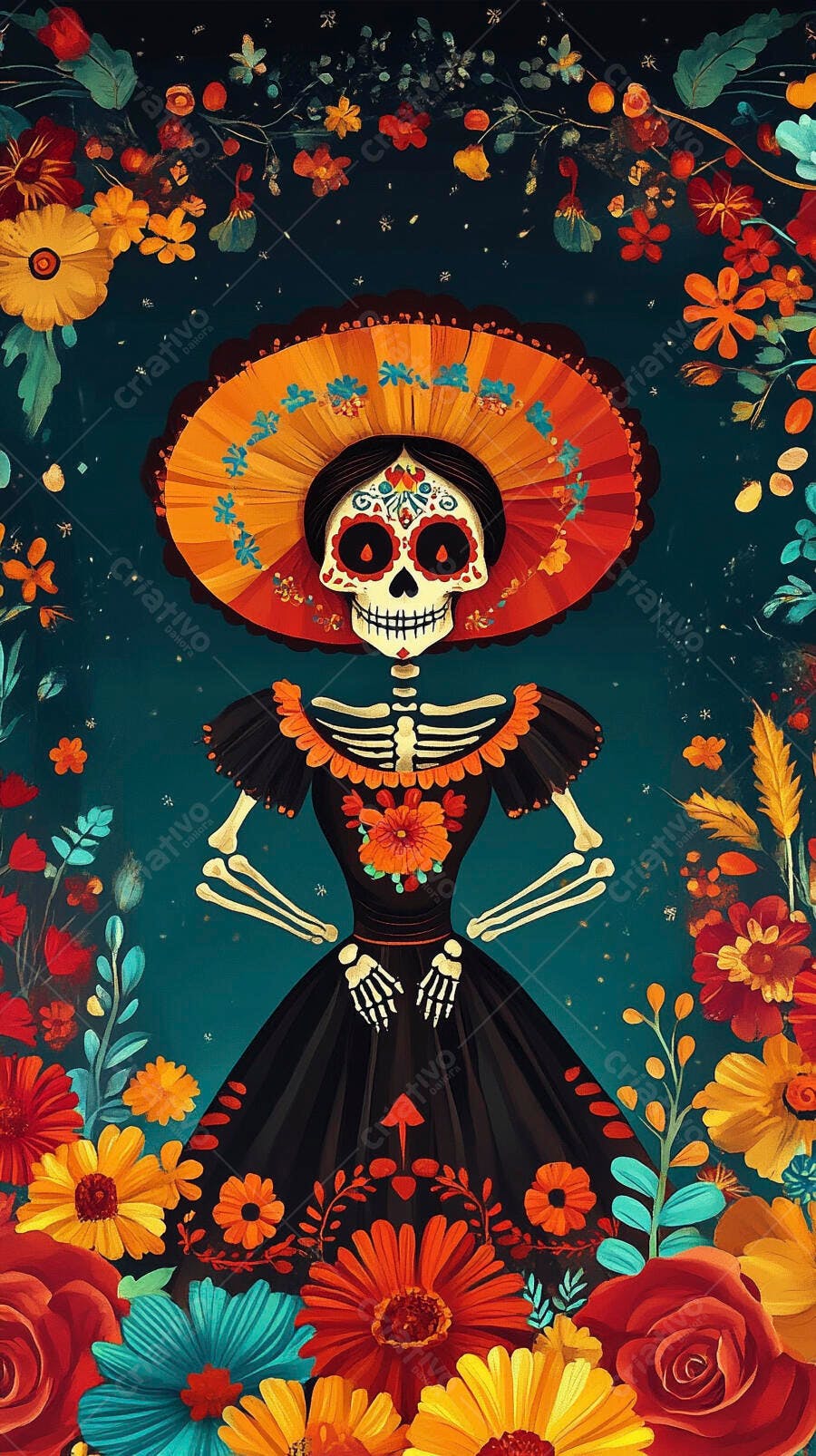Catrina mexicana com sombrero laranja e vestido floral Dia de Muertos