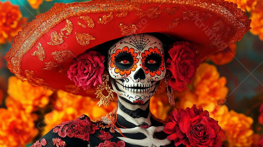 Calavera Catrina com sombrero vermelho e rosas celebração Dia de los Muertos