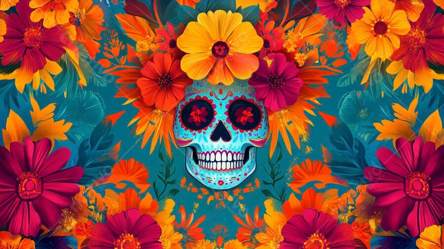 Calavera de açúcar vibrante Dia de Muertos com flores coloridas e folhagem