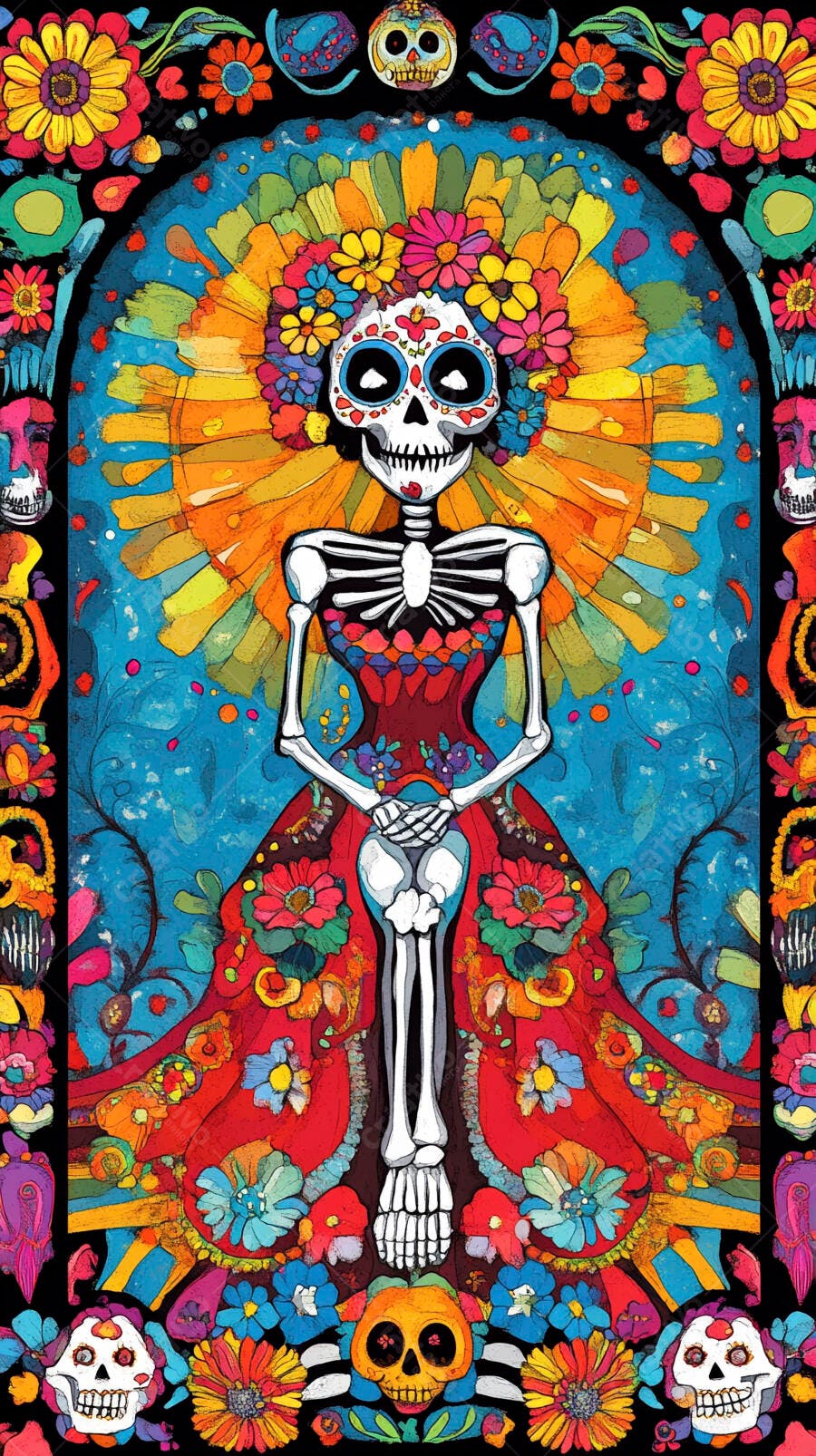 Calavera Catrina esqueleto colorido vestido com flores e caveiras mexicanas