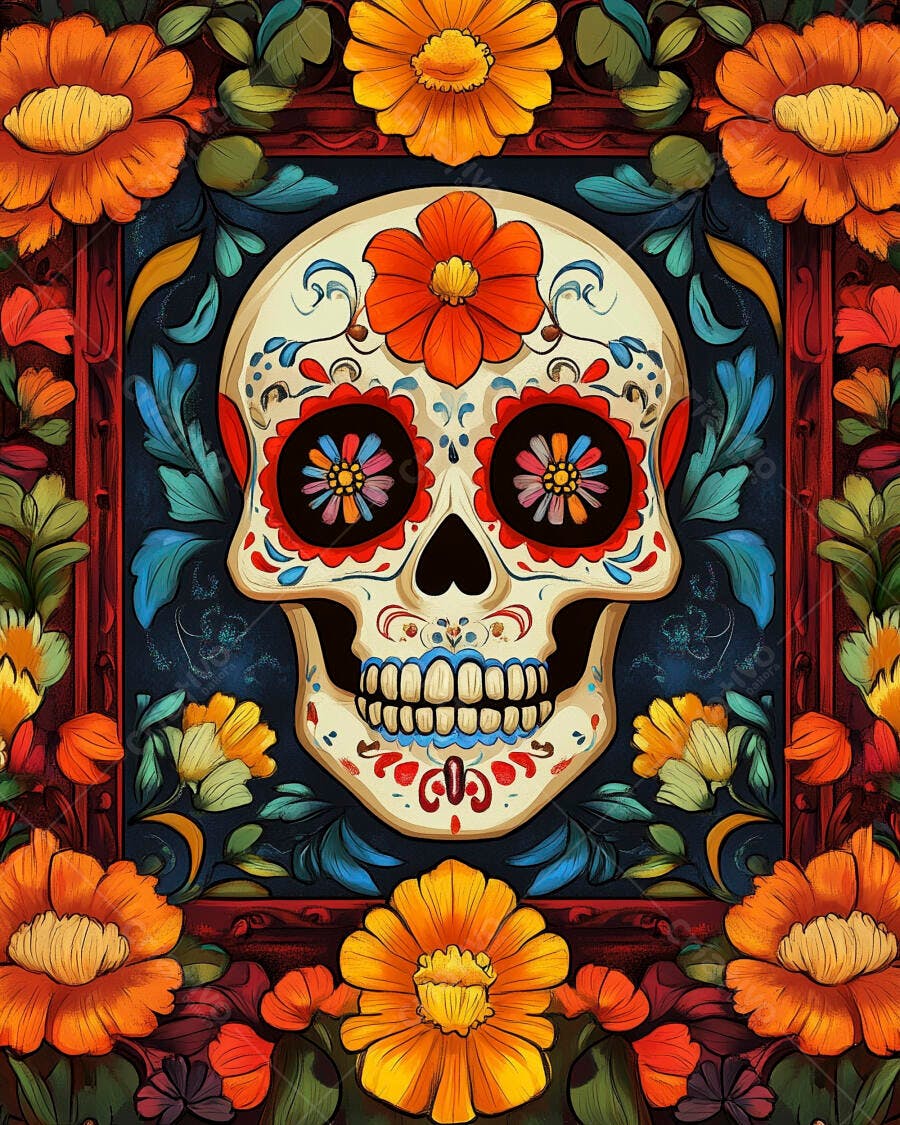 Calavera de açúcar colorida com flores vibrantes e folhagens Dia dos Mortos