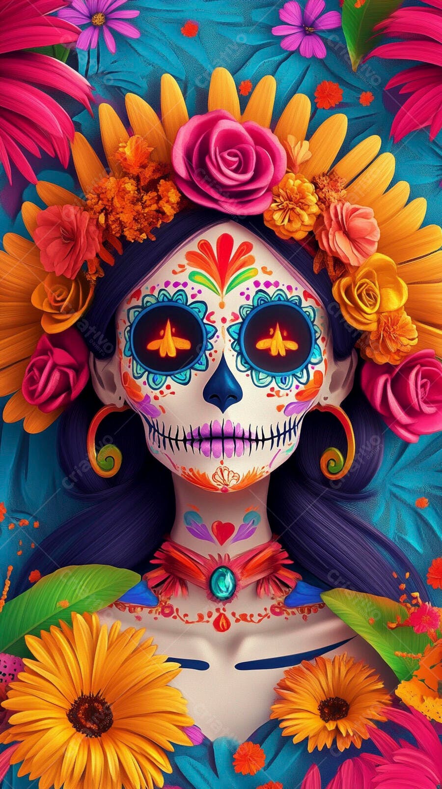 Catrina mexicana em maquiagem facial colorida com flores vibrantes