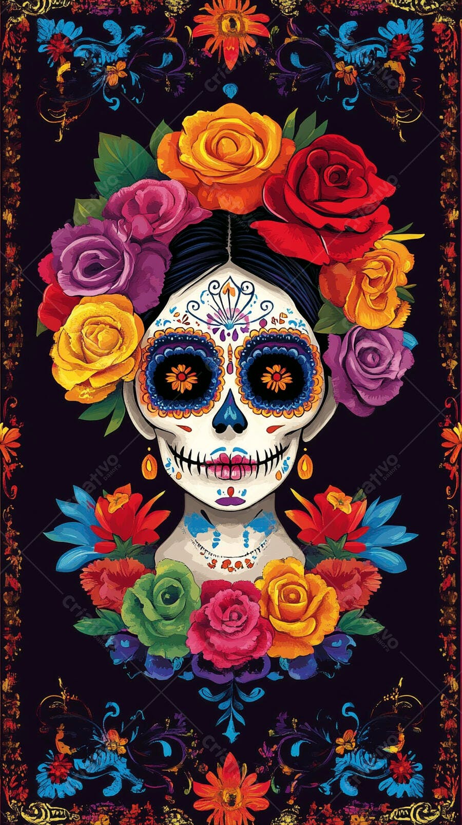 Calavera Catrina ilustração cores vibrantes rosas e ornamentos Dia de los Muertos