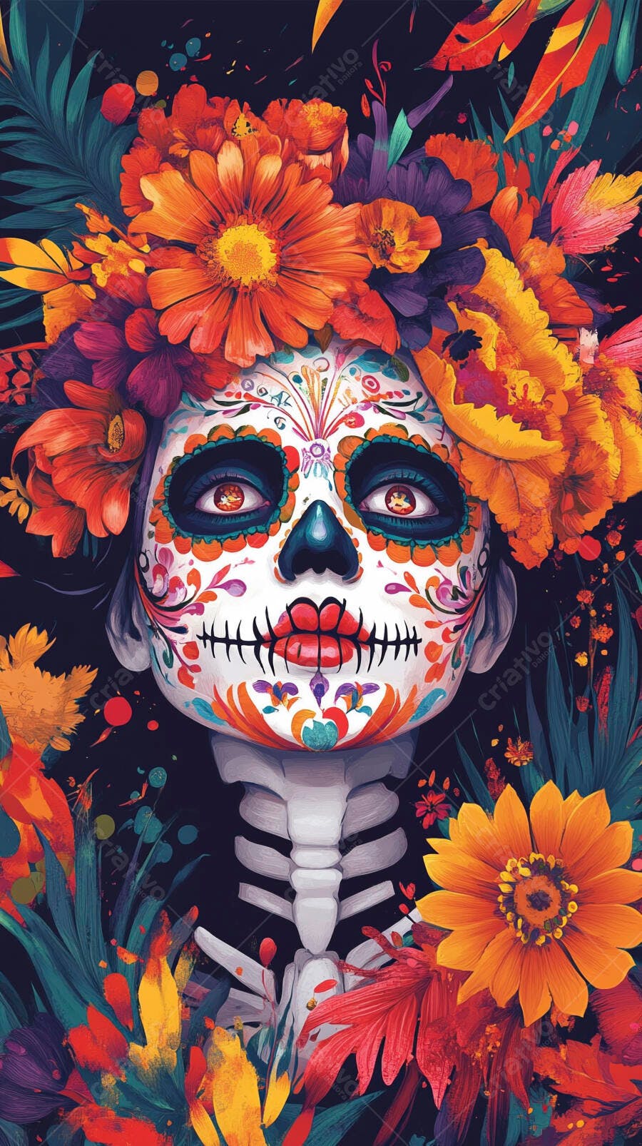 Calavera feminina com maquiagem floral vibrante e coroa de Dia dos Mortos