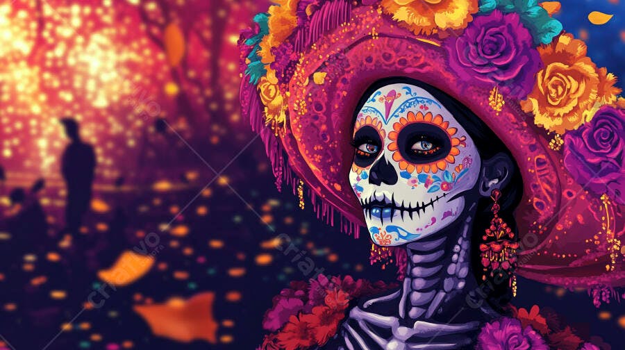 Mulher Calavera Catrina esqueleto com chapéu floral vibrante em celebração do Dia de los Muertos