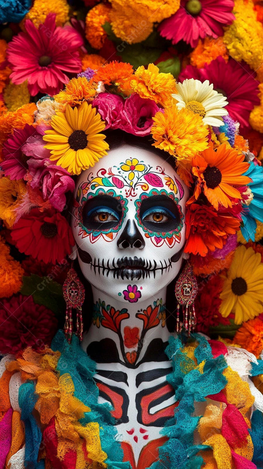 Mulher com maquiagem Calavera Catrina e flores coloridas Dia de los Muertos