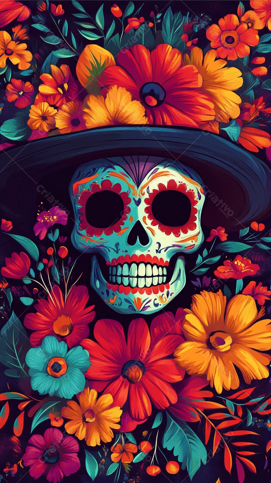 Caveira mexicana colorida com sombrero e flores vibrantes Dia dos Mortos