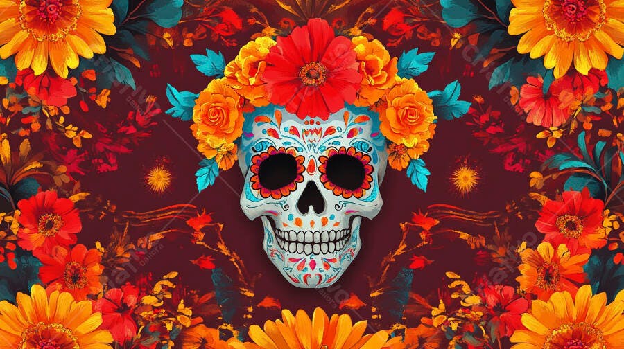 Calavera mexicana colorida com flores vibrantes para o Dia de los Muertos