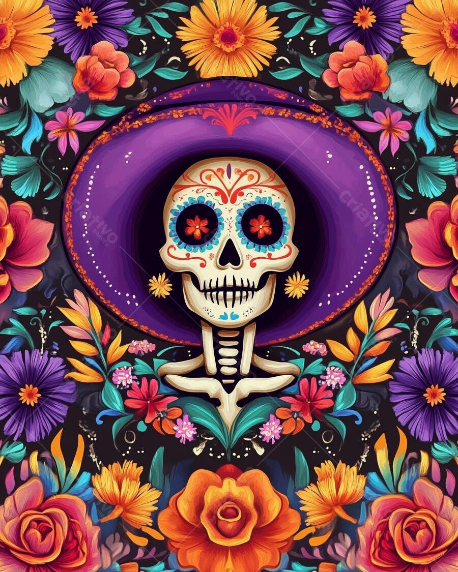 Caveira de açúcar colorida com sombrero roxo e flores vibrantes do Dia dos Mortos