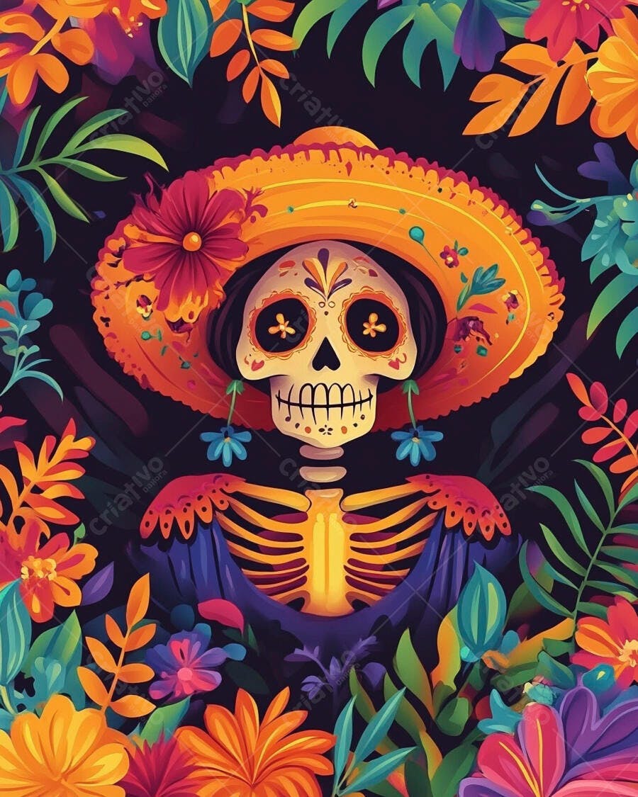 Calavera mexicana com sombrero floral e cores vibrantes Dia de los Muertos