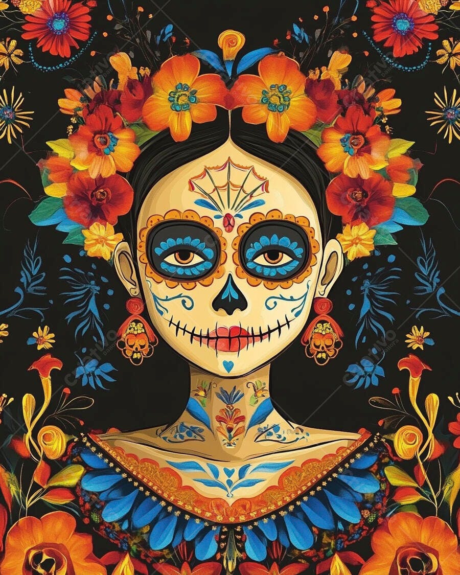 Mulher Catrina maquiagem facial Dia dos Mortos flores coloridas e ornamentos