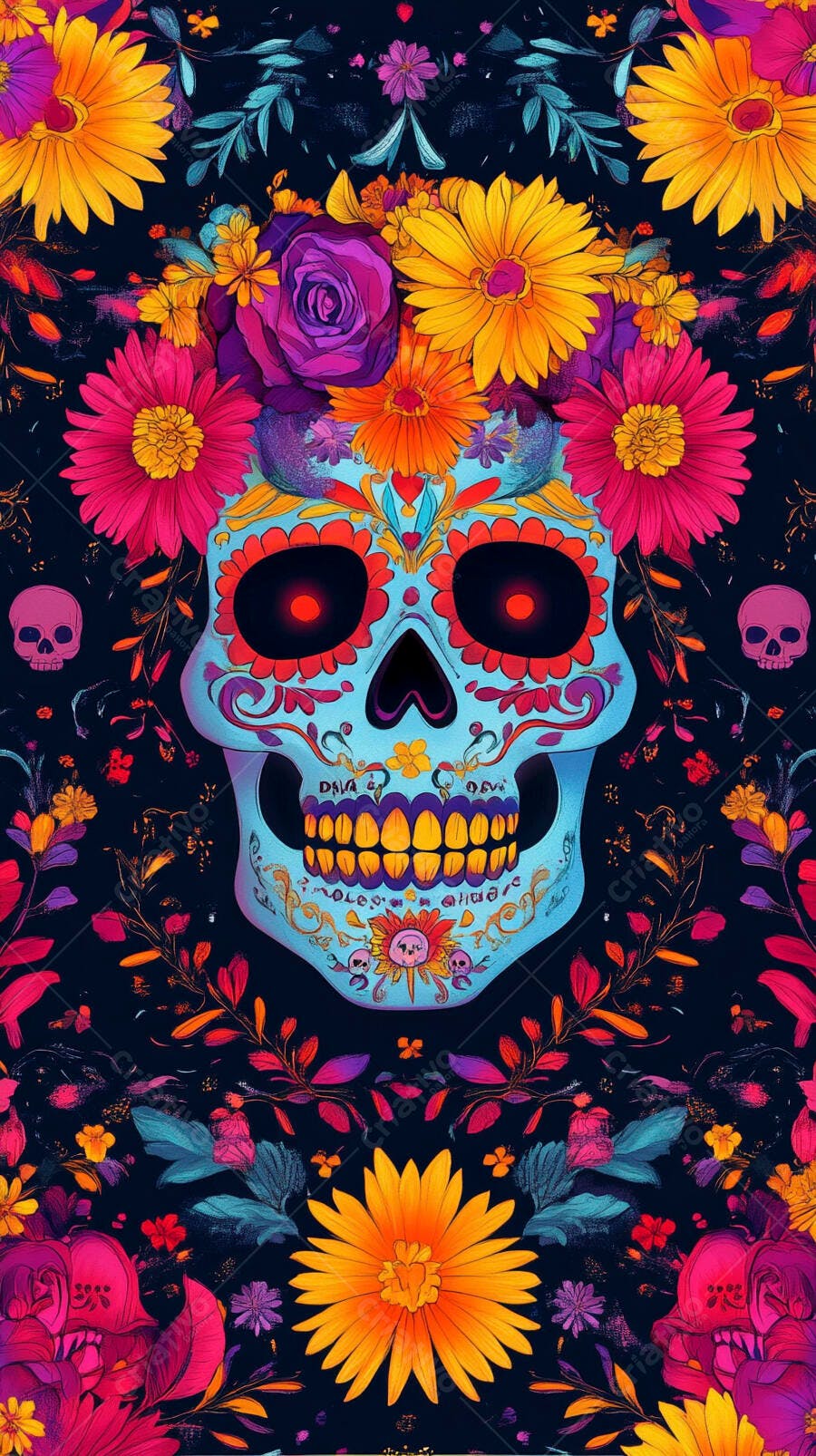 Calavera mexicana azul vibrante com flores neon para Dia dos Mortos