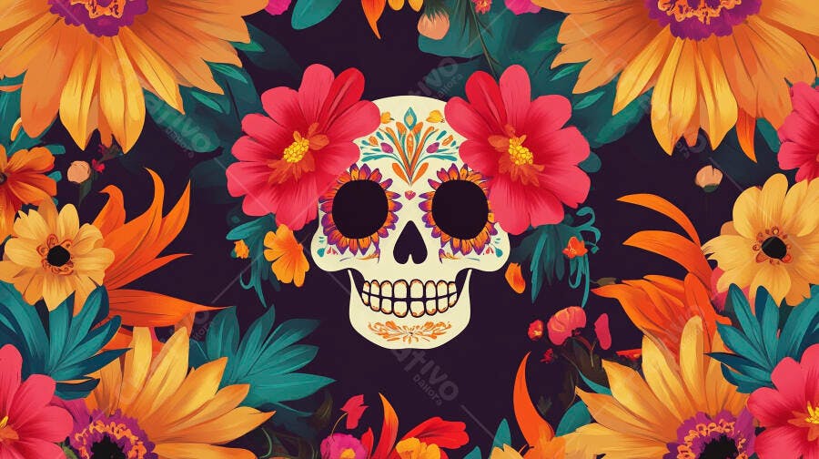 Caveira mexicana decorada com flores vibrantes para Dia de los Muertos