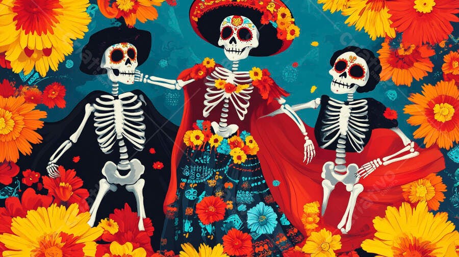 Catrinas e esqueletos coloridos celebrando o Dia de Muertos com flores vibrantes