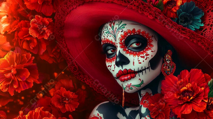 Mulher Calavera Catrina maquiagem Dia dos Mortos chapéu vermelho e flores vibrantes