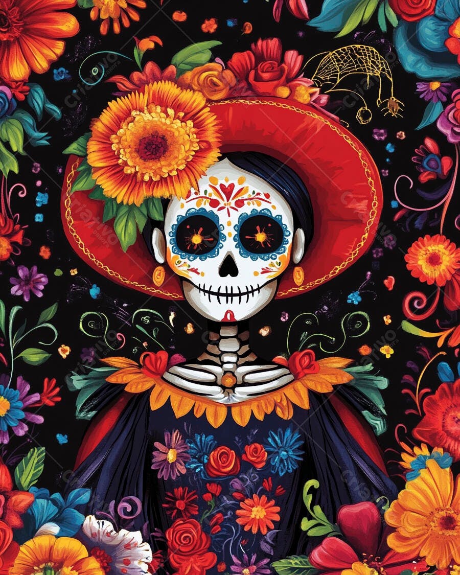 Catrina mexicana colorida com sombrero e flores Dia dos Mortos