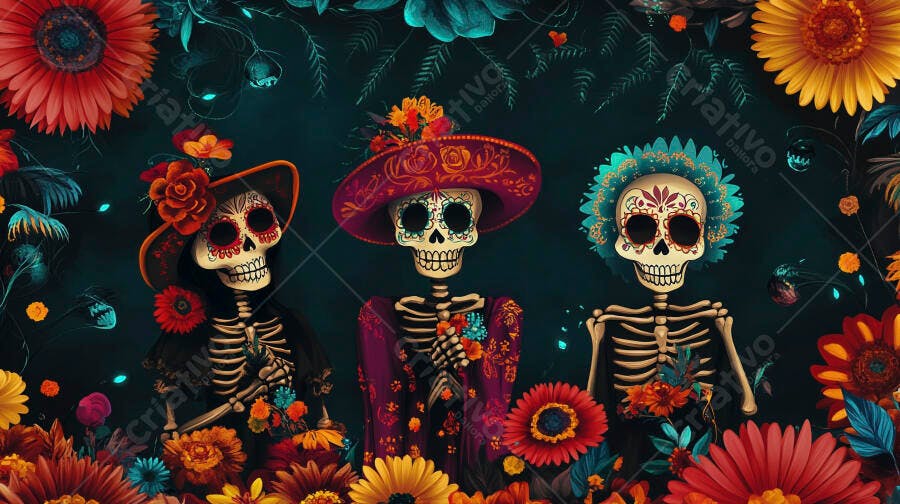Três Catrinas esqueletos coloridos com flores Dia dos Mortos