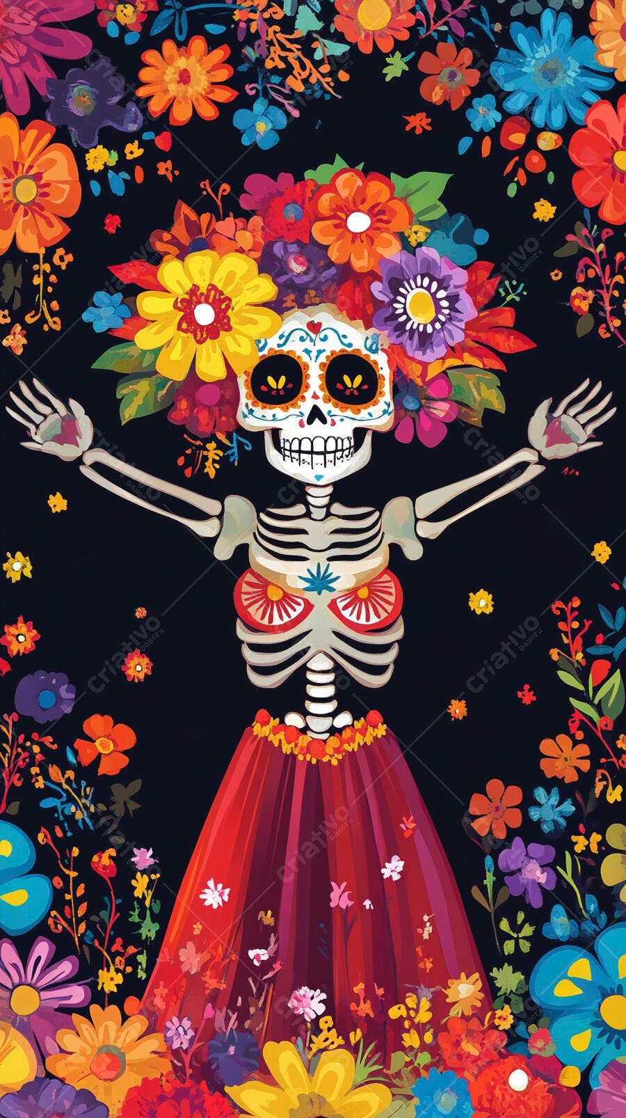 Esqueleto Catrina festiva com coroa de flores coloridas e saia vermelha