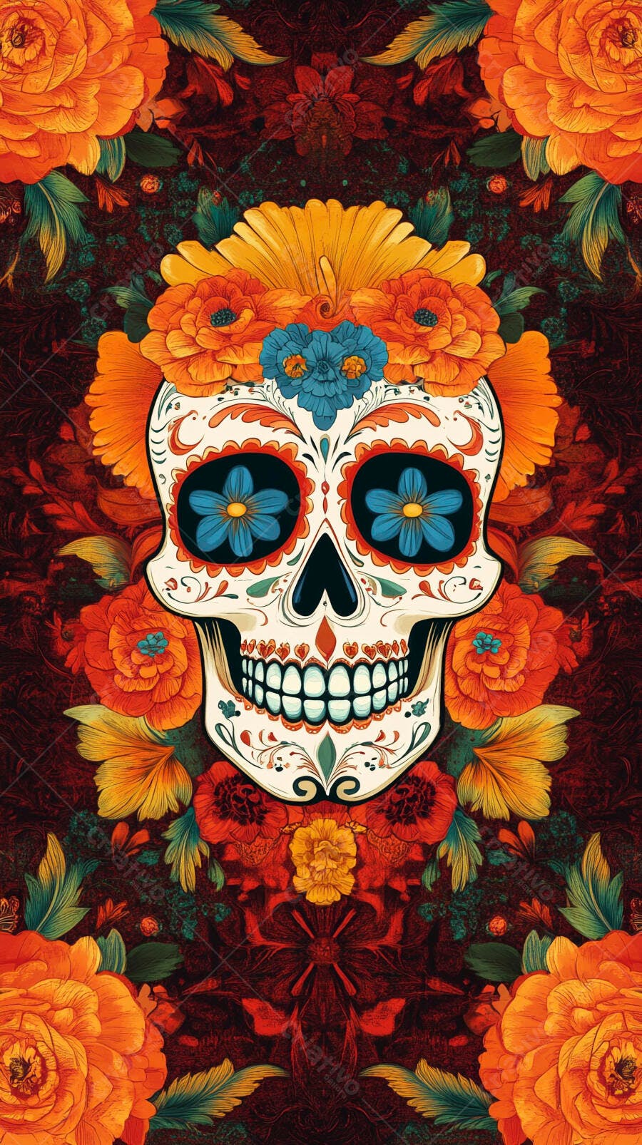 Calavera mexicana decorada com flores laranjas e azuis para Dia de Muertos