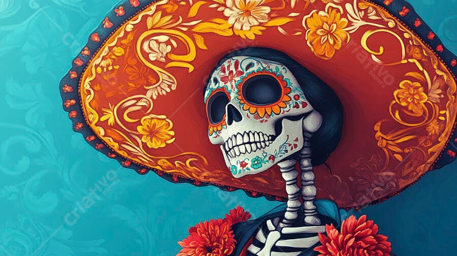 Calavera mexicana colorida com sombreiro florido em fundo azul vibrante