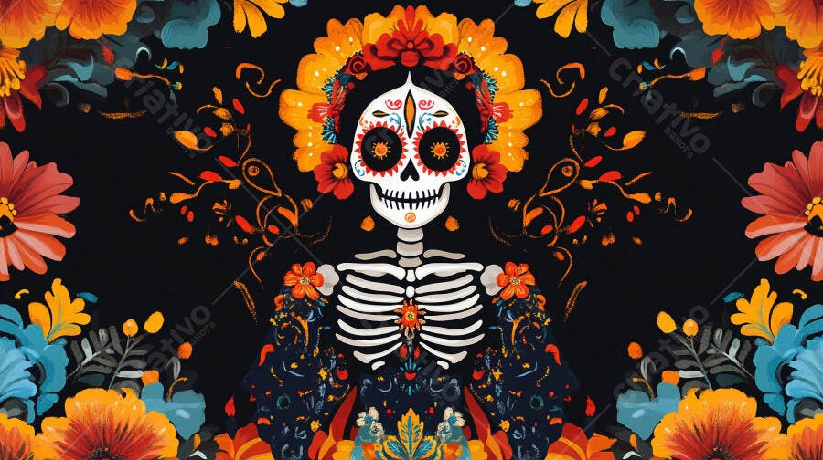Esqueleto Catrina com flores vibrantes para o Dia dos Mortos