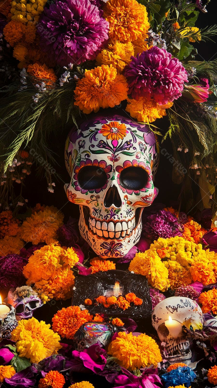 Calavera de açúcar colorida com flores de cempasúchil para Dia de Muertos