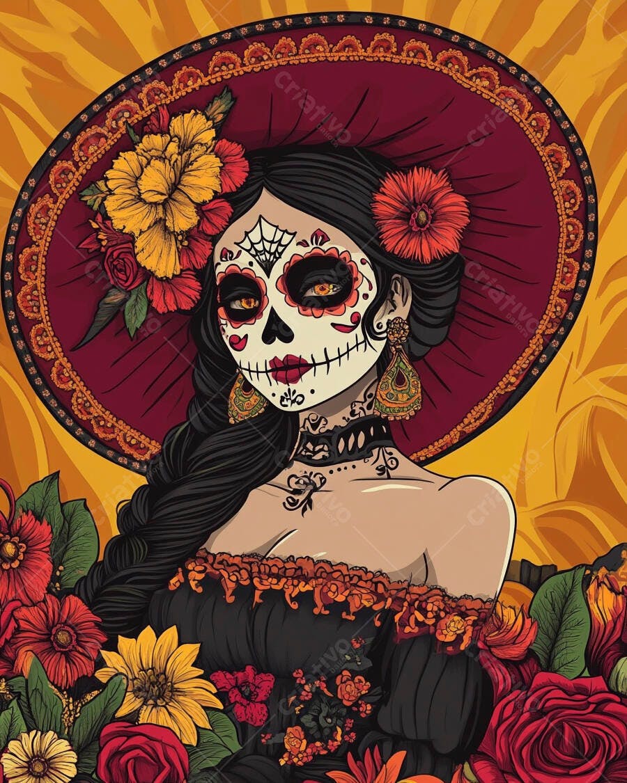 Ilustração de Calavera Catrina com chapéu e flores coloridas celebrando Dia dos Mortos