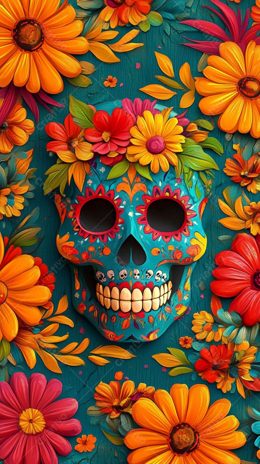 Caveira mexicana colorida decorada com flores vibrantes em fundo turquesa estilo Dia dos Mortos