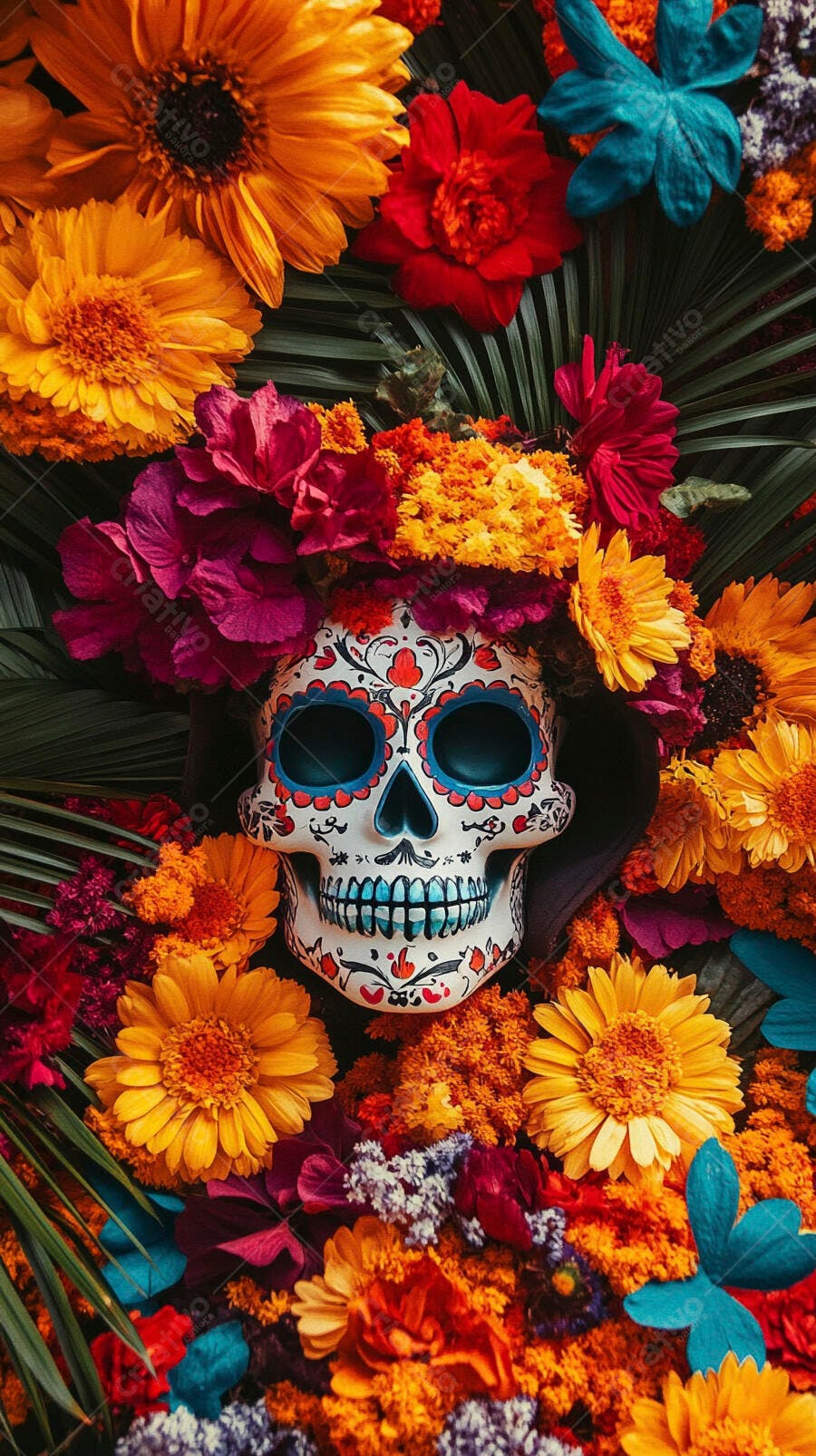 Calavera de açúcar decorada entre flores vibrantes para Dia de Muertos celebração mexicana