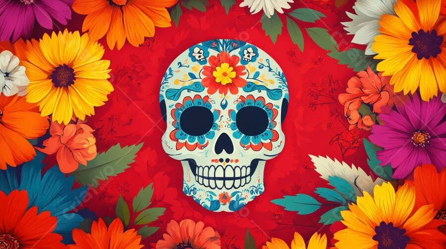 Calavera mexicana decorada com flores vibrantes para o Dia dos Mortos
