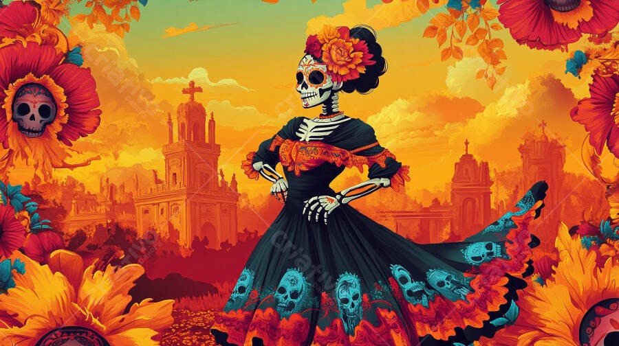 Catrina elegante em vestido preto com flores vibrantes e fundo de cidade mexicana