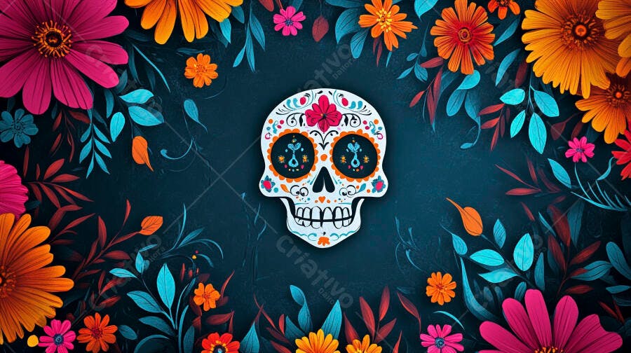 Calavera de açúcar branca com flores coloridas vibrantes para Dia dos Mortos