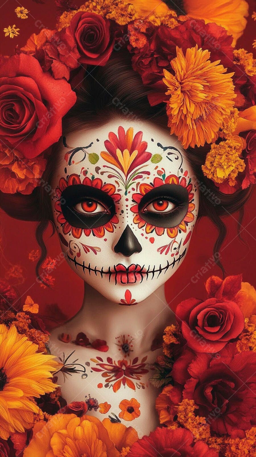 Mulher com maquiagem de Catrina olhos vermelhos e flores Dia de los Muertos