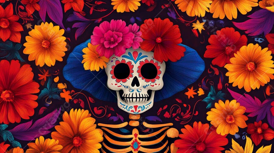 Calavera mexicana colorida com flores para Dia de Los Muertos