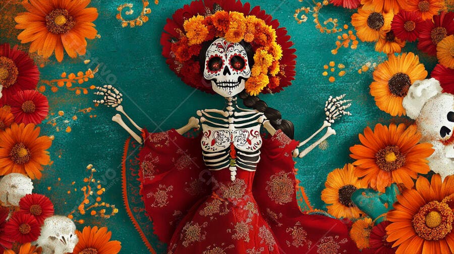 Calavera Catrina esqueleto feminino com vestido vermelho e flores vibrantes Dia de Muertos