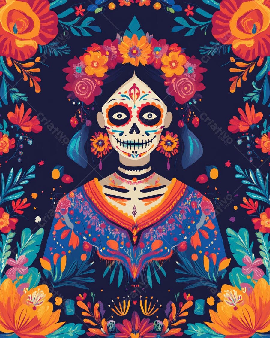 Mulher com maquiagem de caveira mexicana e coroa de flores para Dia de los Muertos