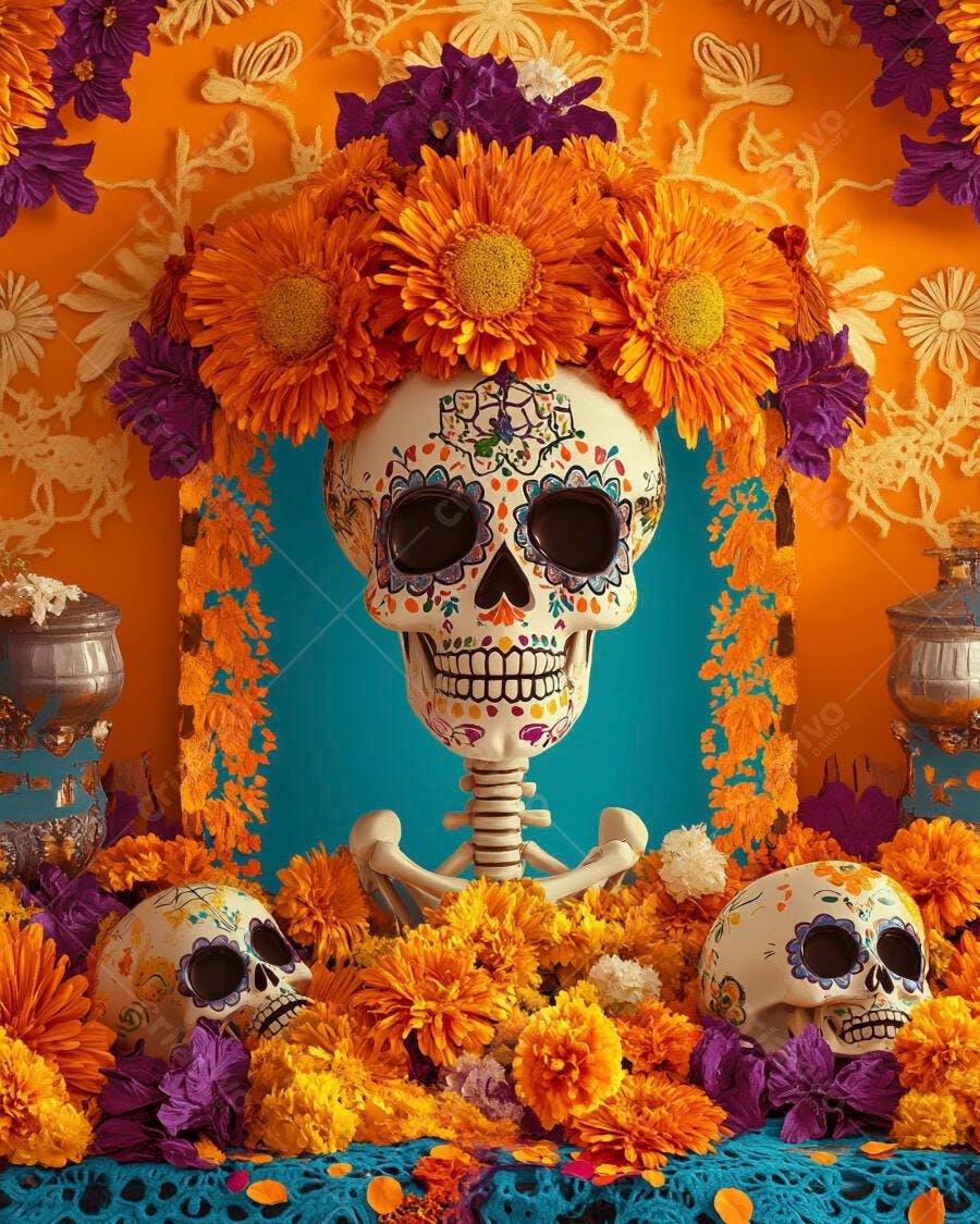 Crânio de açúcar decorado com flores laranja e roxas para o Dia dos Mortos