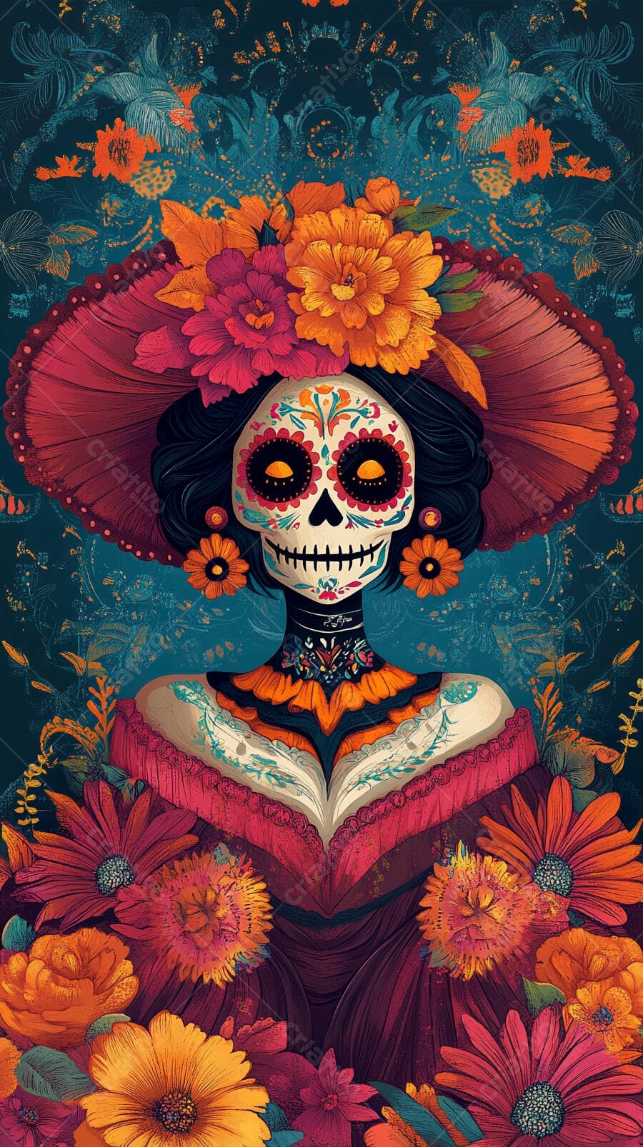 Catrina mexicana com chapéu floral e maquiagem de caveira detalhada dia de los muertos